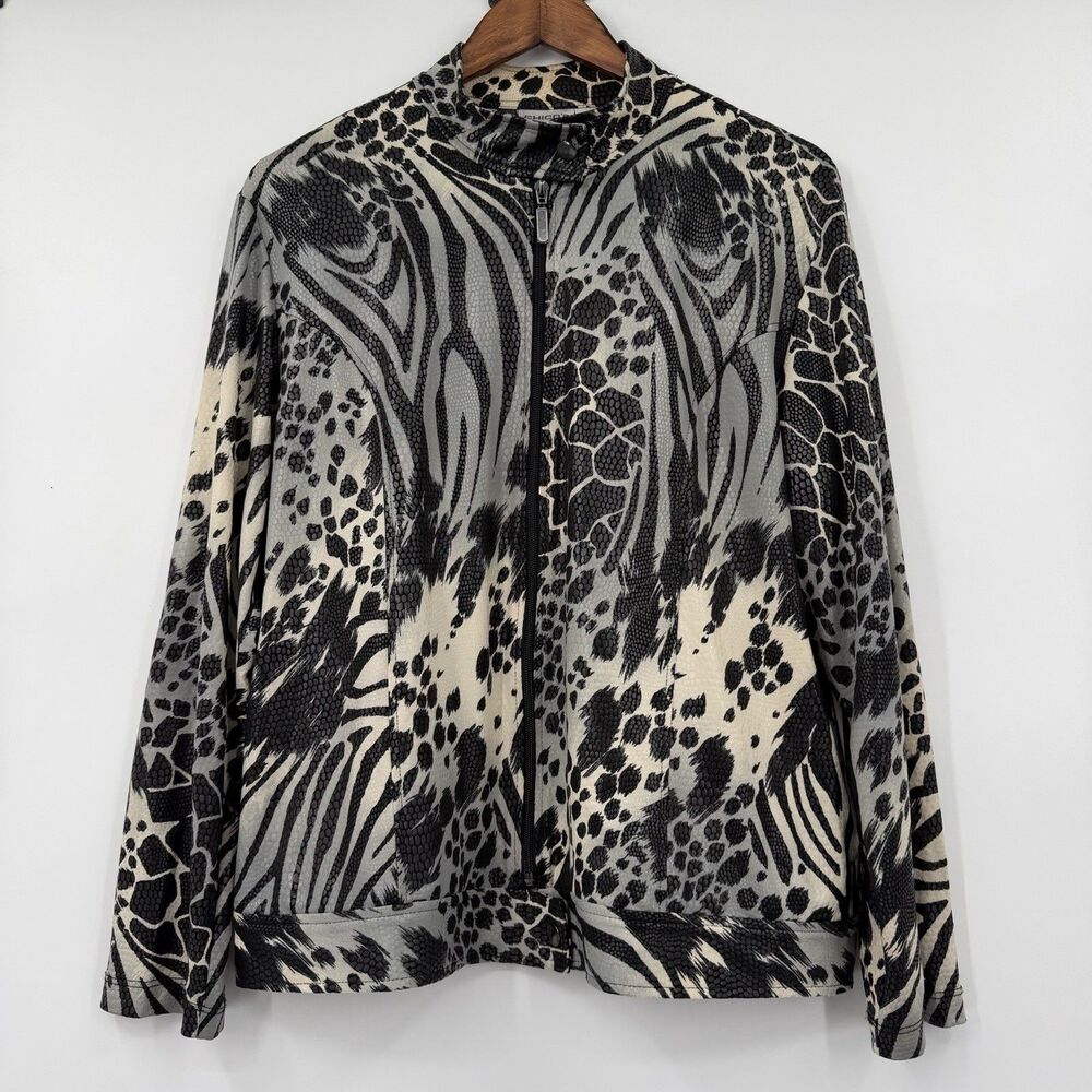 Chico's Animal Print Zip Front Jacket Size 2 Black Gray Zebra Leopard Stretch